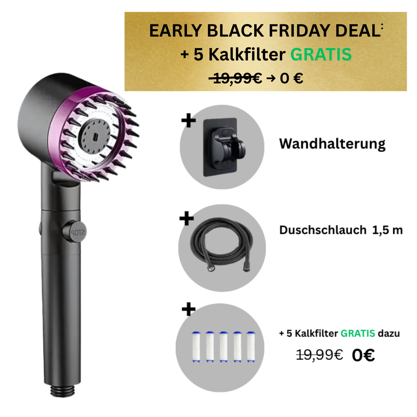 GlowShower - 4-in-1 Duschkopf + 5 Gratis Kalkfilter